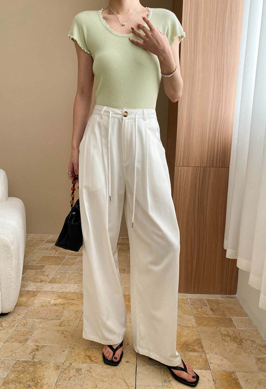 Pearl Trim Round Neck Short Sleeve Knit Top in Pistachio