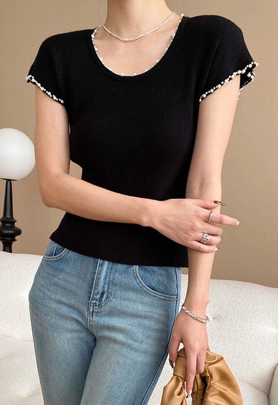 Pearl Trim Round Neck Short Sleeve Knit Top in Black