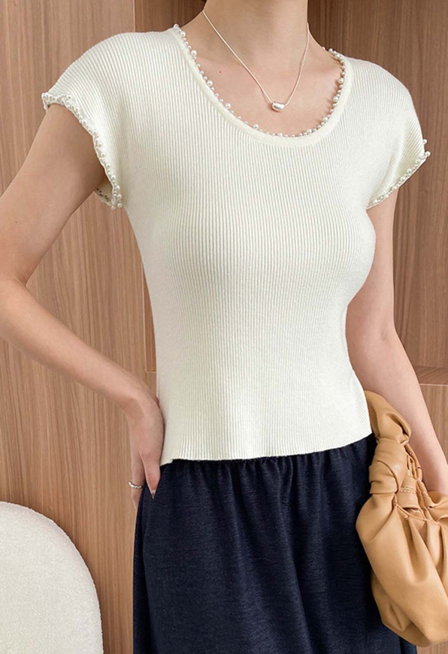 Pearl Trim Round Neck Short Sleeve Knit Top in Ivory