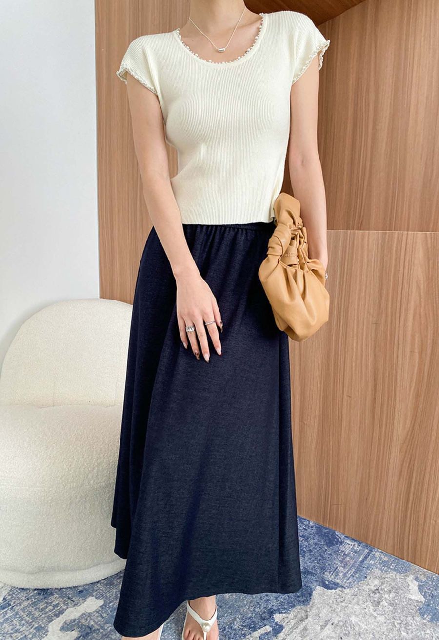 Pearl Trim Round Neck Short Sleeve Knit Top in Ivory
