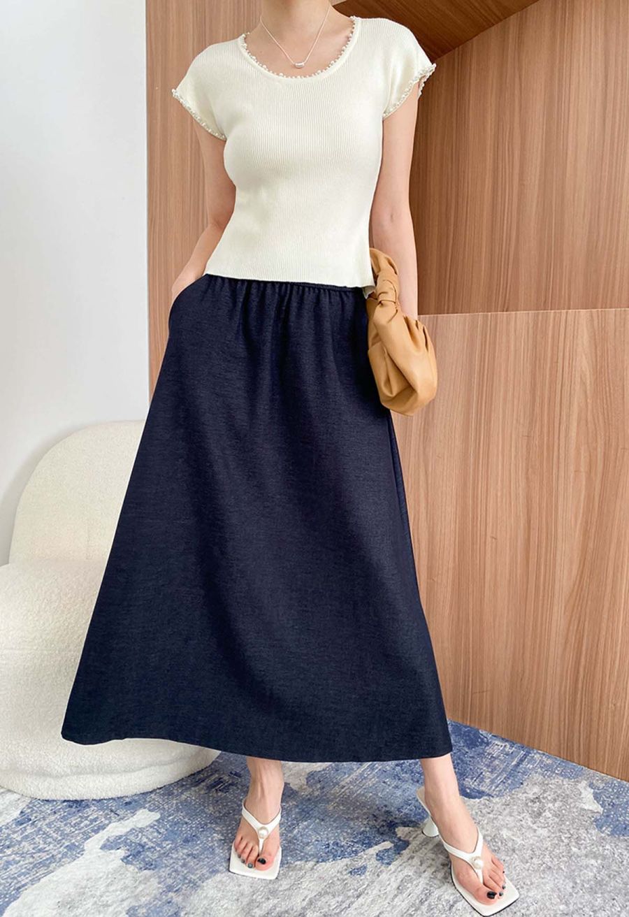 Pearl Trim Round Neck Short Sleeve Knit Top in Ivory
