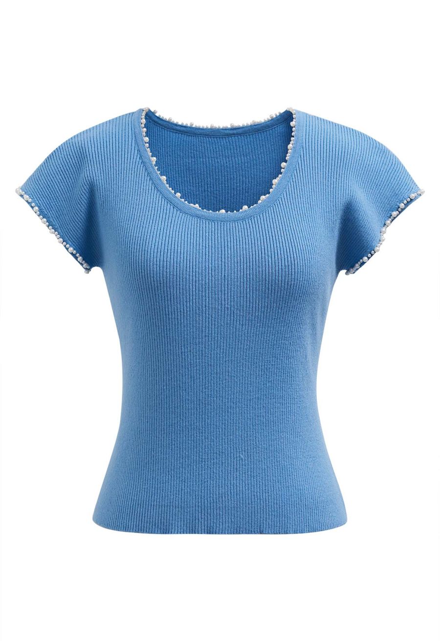 Pearl Trim Round Neck Short Sleeve Knit Top in Blue