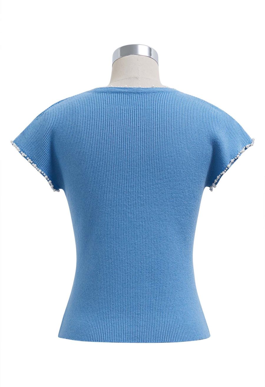 Pearl Trim Round Neck Short Sleeve Knit Top in Blue