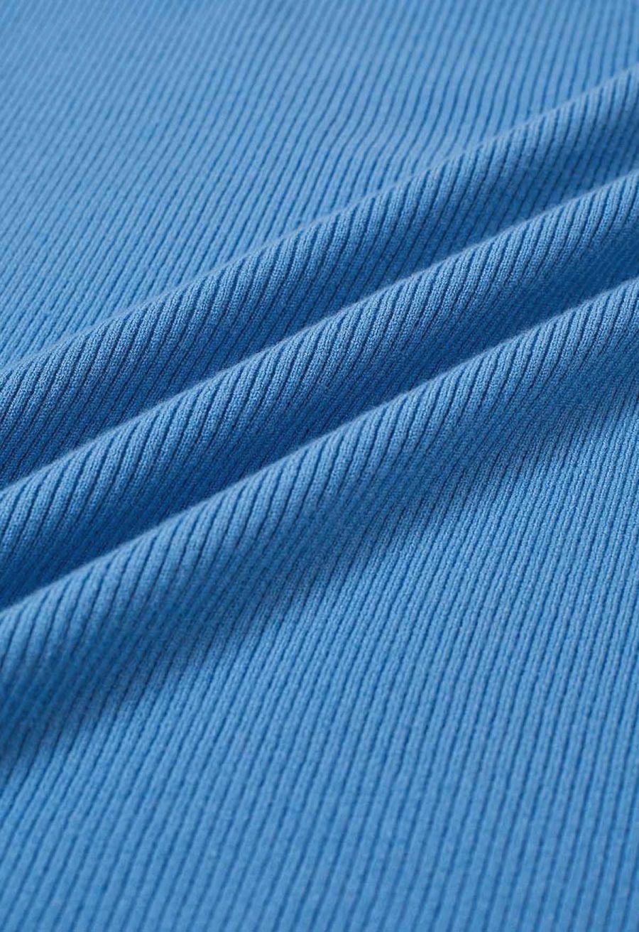 Pearl Trim Round Neck Short Sleeve Knit Top in Blue