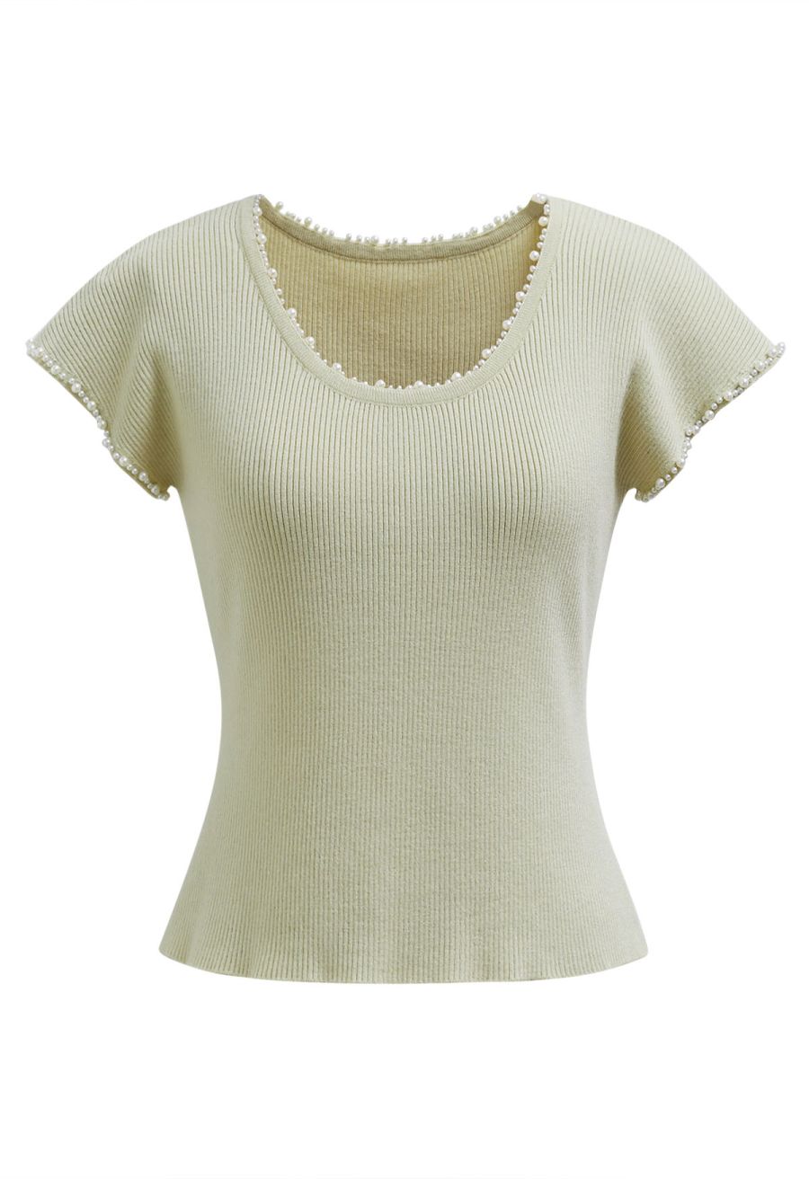 Pearl Trim Round Neck Short Sleeve Knit Top in Pistachio