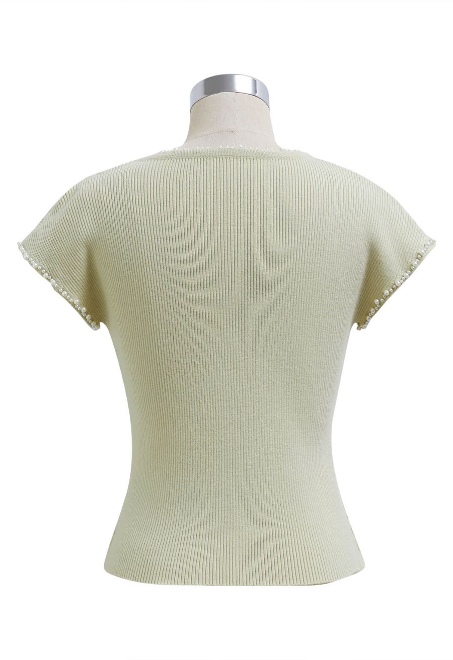 Pearl Trim Round Neck Short Sleeve Knit Top in Pistachio
