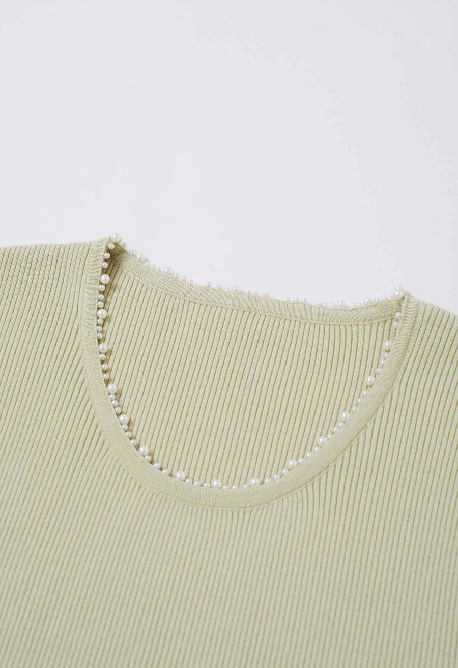 Pearl Trim Round Neck Short Sleeve Knit Top in Pistachio