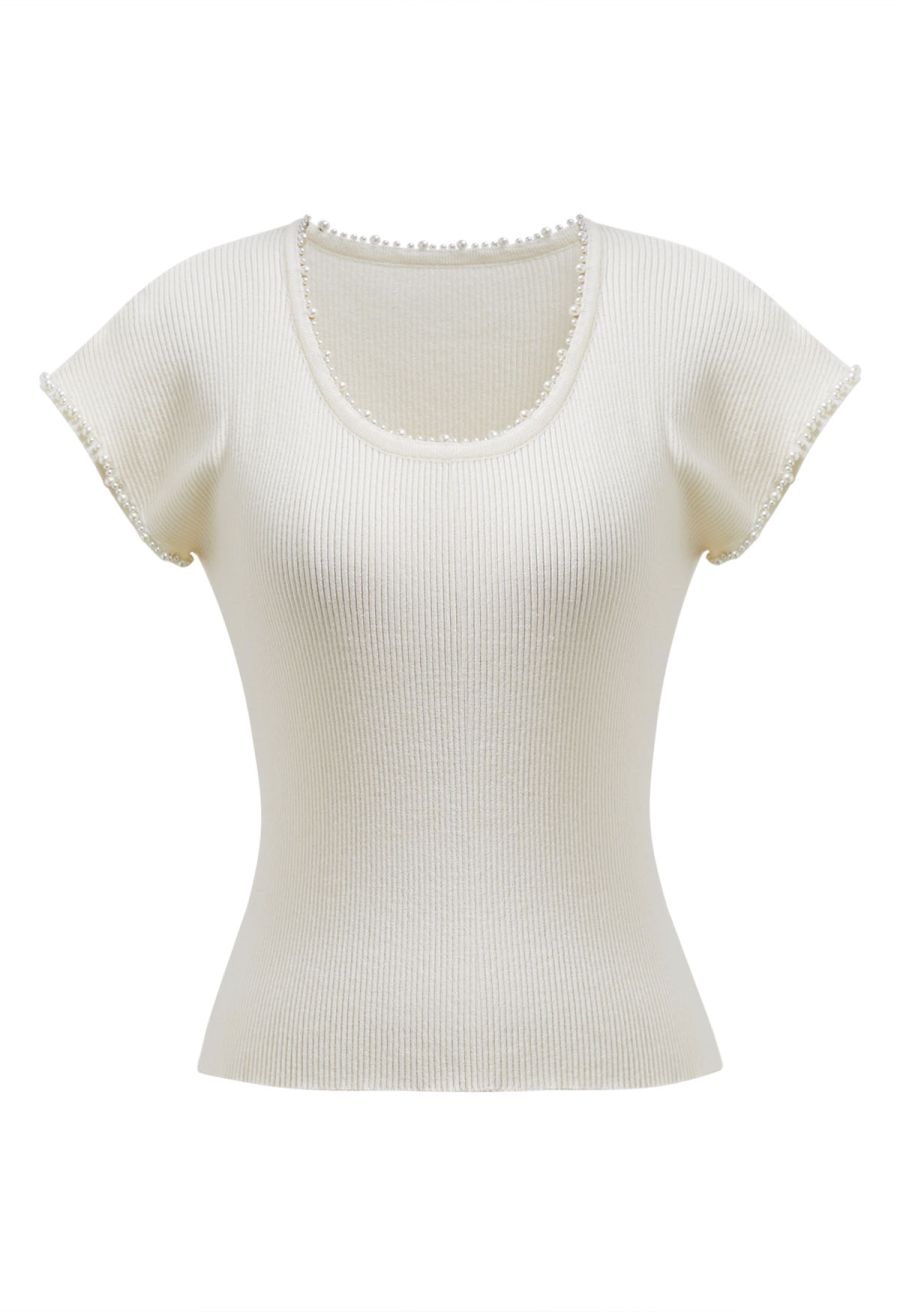 Pearl Trim Round Neck Short Sleeve Knit Top in Ivory