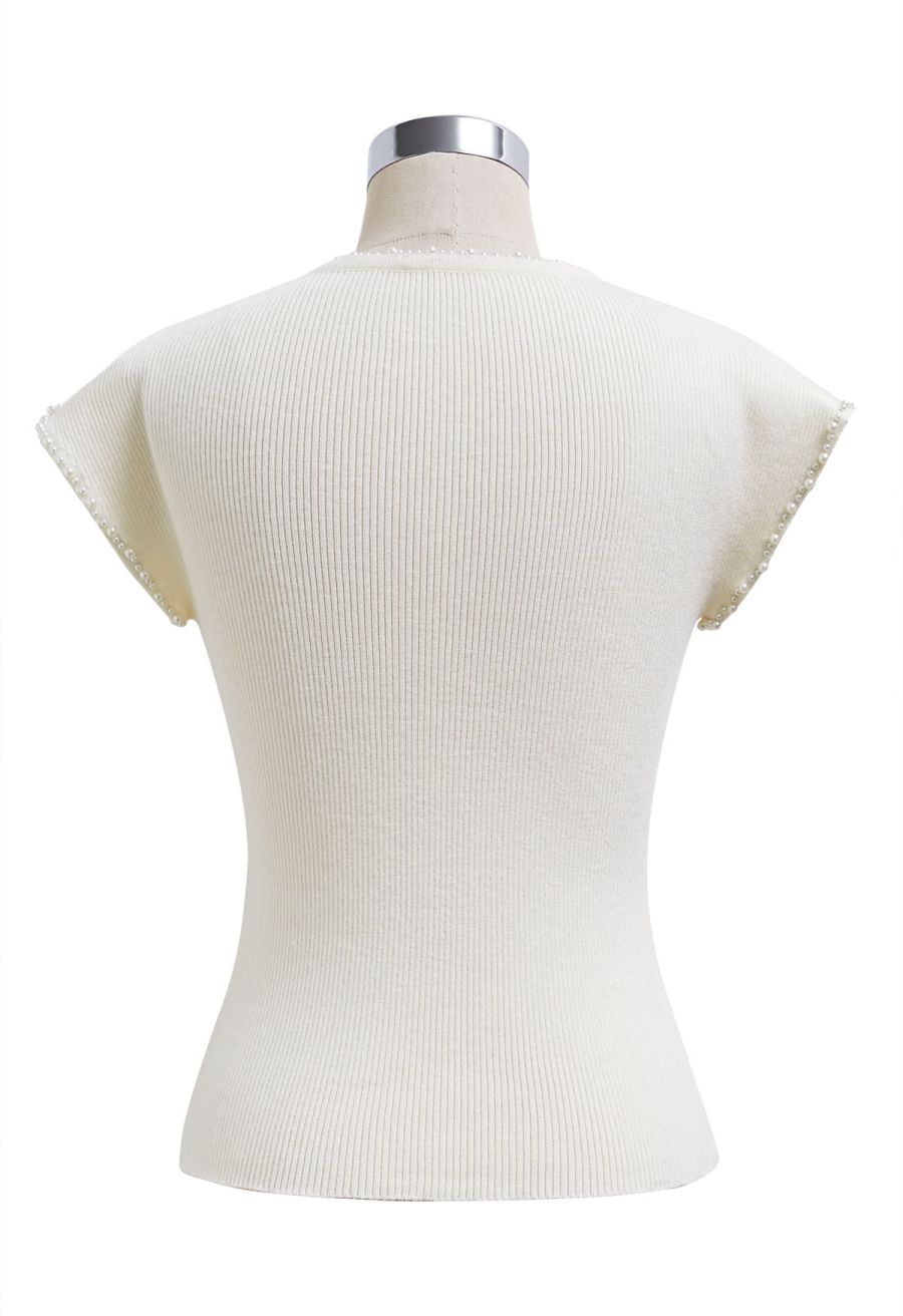 Pearl Trim Round Neck Short Sleeve Knit Top in Ivory