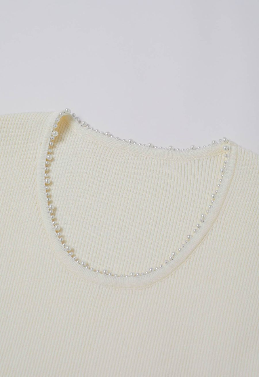 Pearl Trim Round Neck Short Sleeve Knit Top in Ivory