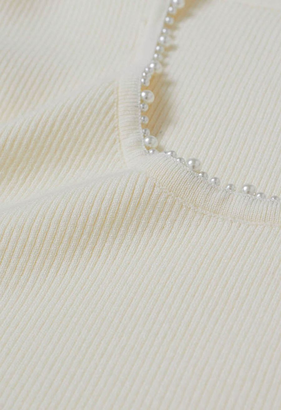 Pearl Trim Round Neck Short Sleeve Knit Top in Ivory