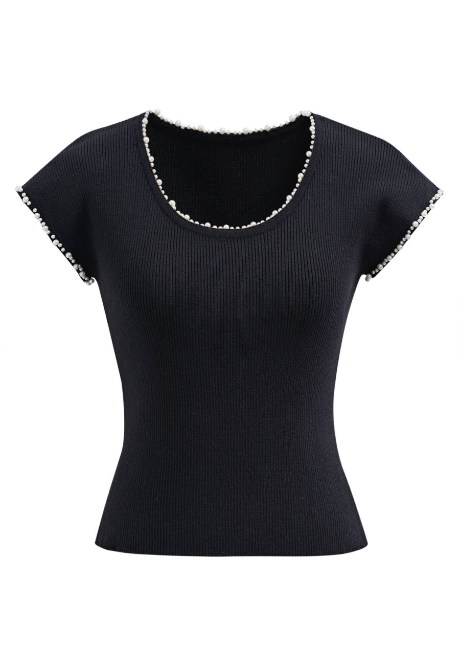 Pearl Trim Round Neck Short Sleeve Knit Top in Black