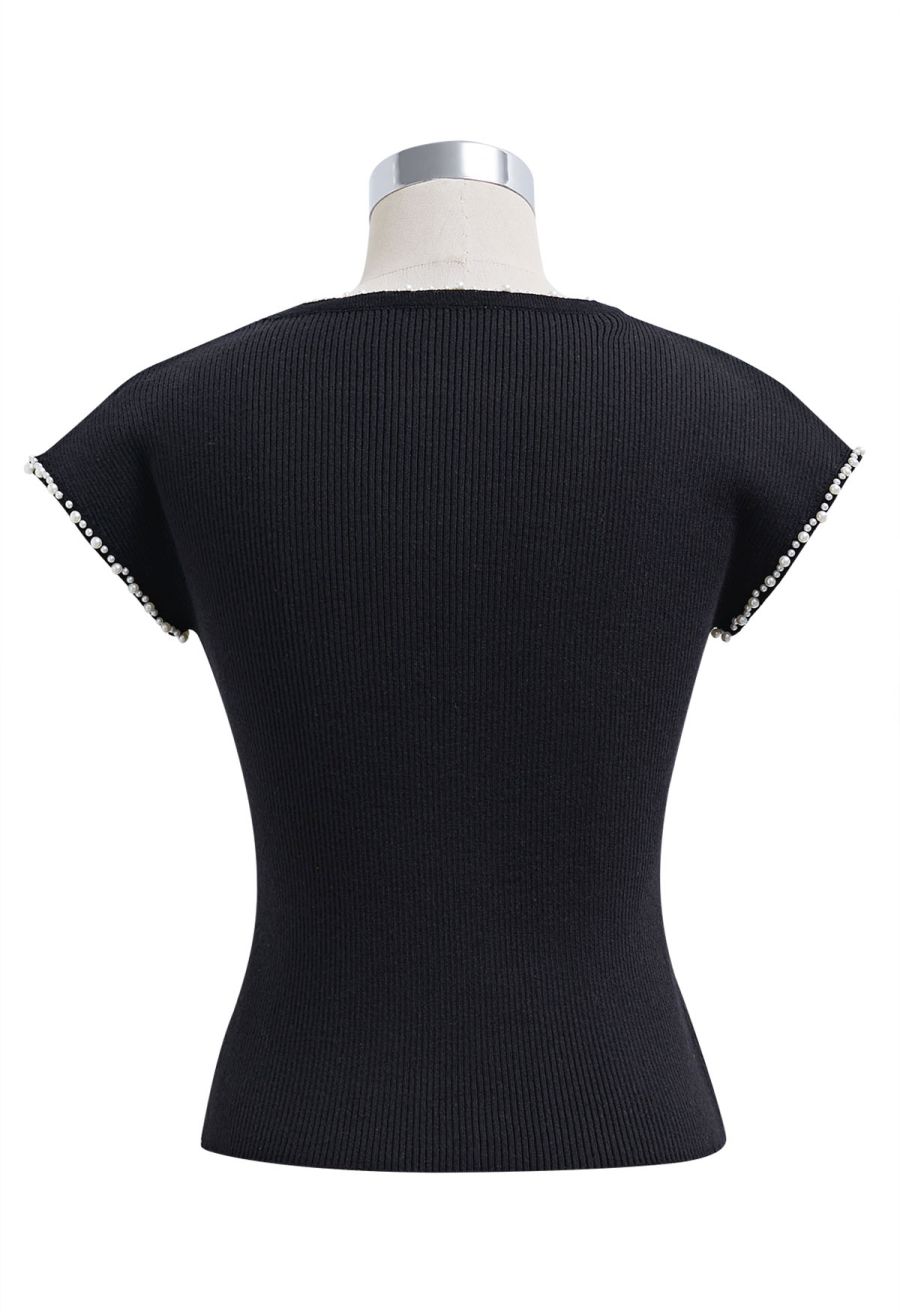 Pearl Trim Round Neck Short Sleeve Knit Top in Black