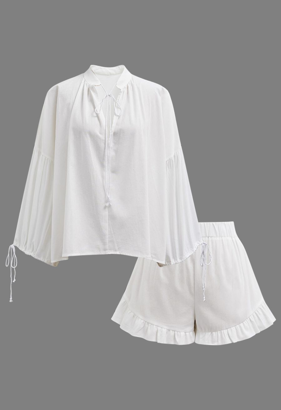 Lantern Sleeve Drawstring Shirt and Shorts Set in White