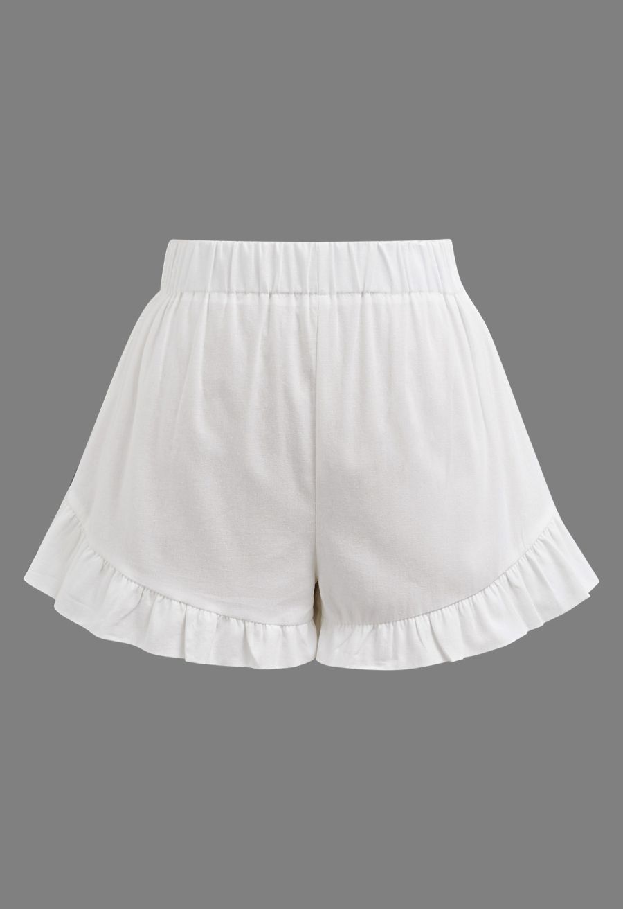 Lantern Sleeve Drawstring Shirt and Shorts Set in White