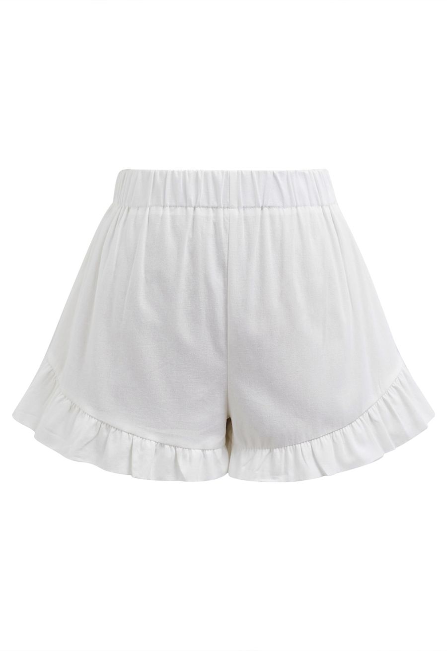 Lantern Sleeve Drawstring Shirt and Shorts Set in White