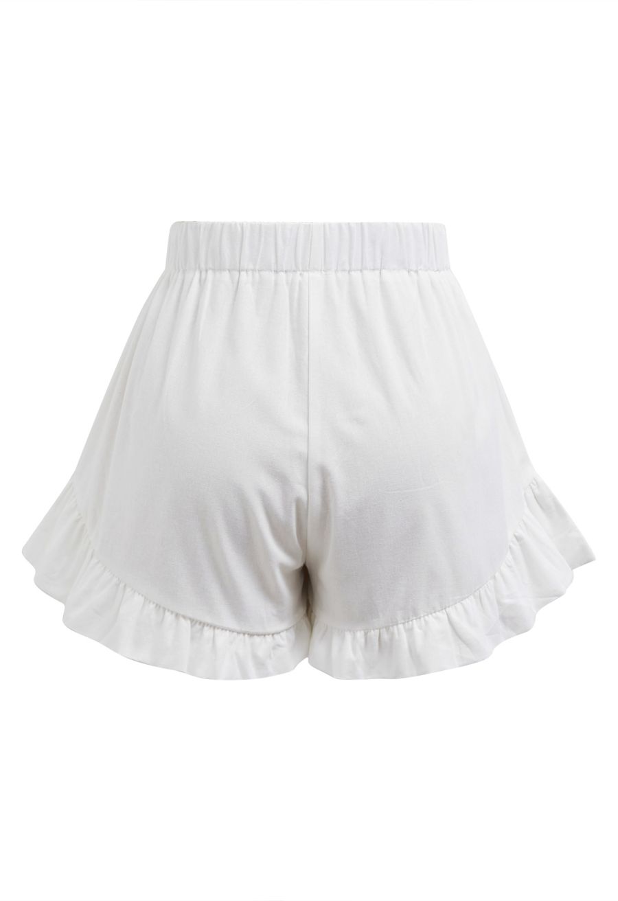 Lantern Sleeve Drawstring Shirt and Shorts Set in White