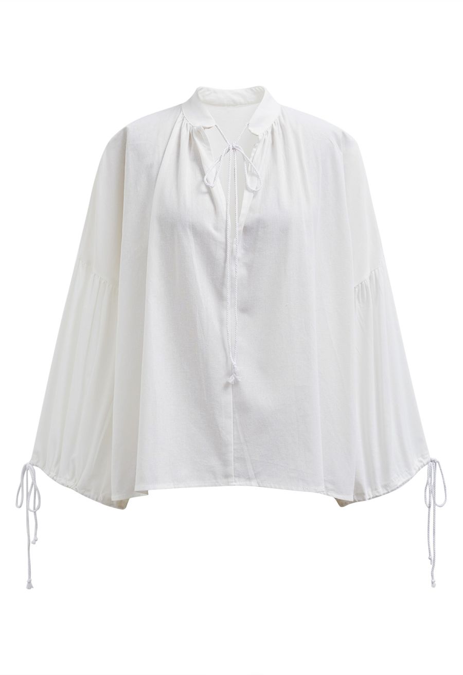 Lantern Sleeve Drawstring Shirt and Shorts Set in White