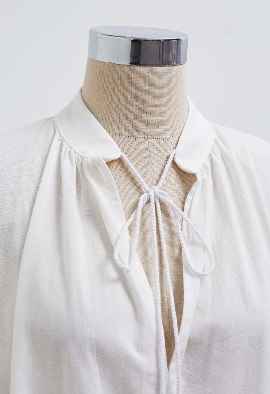 Lantern Sleeve Drawstring Shirt and Shorts Set in White