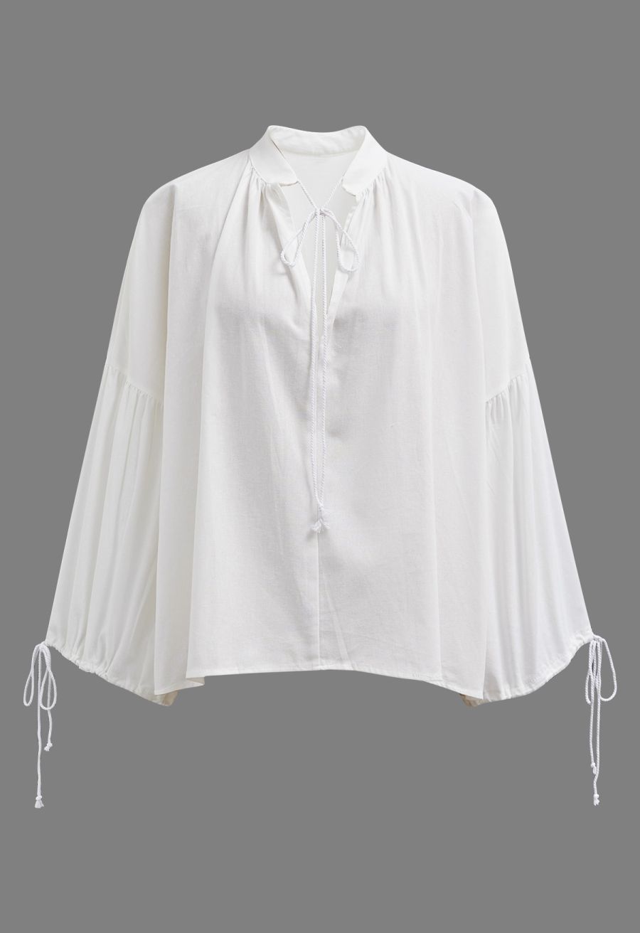 Lantern Sleeve Drawstring Shirt and Shorts Set in White