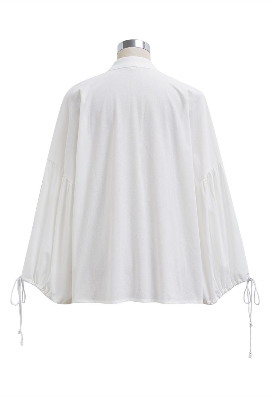 Lantern Sleeve Drawstring Shirt and Shorts Set in White