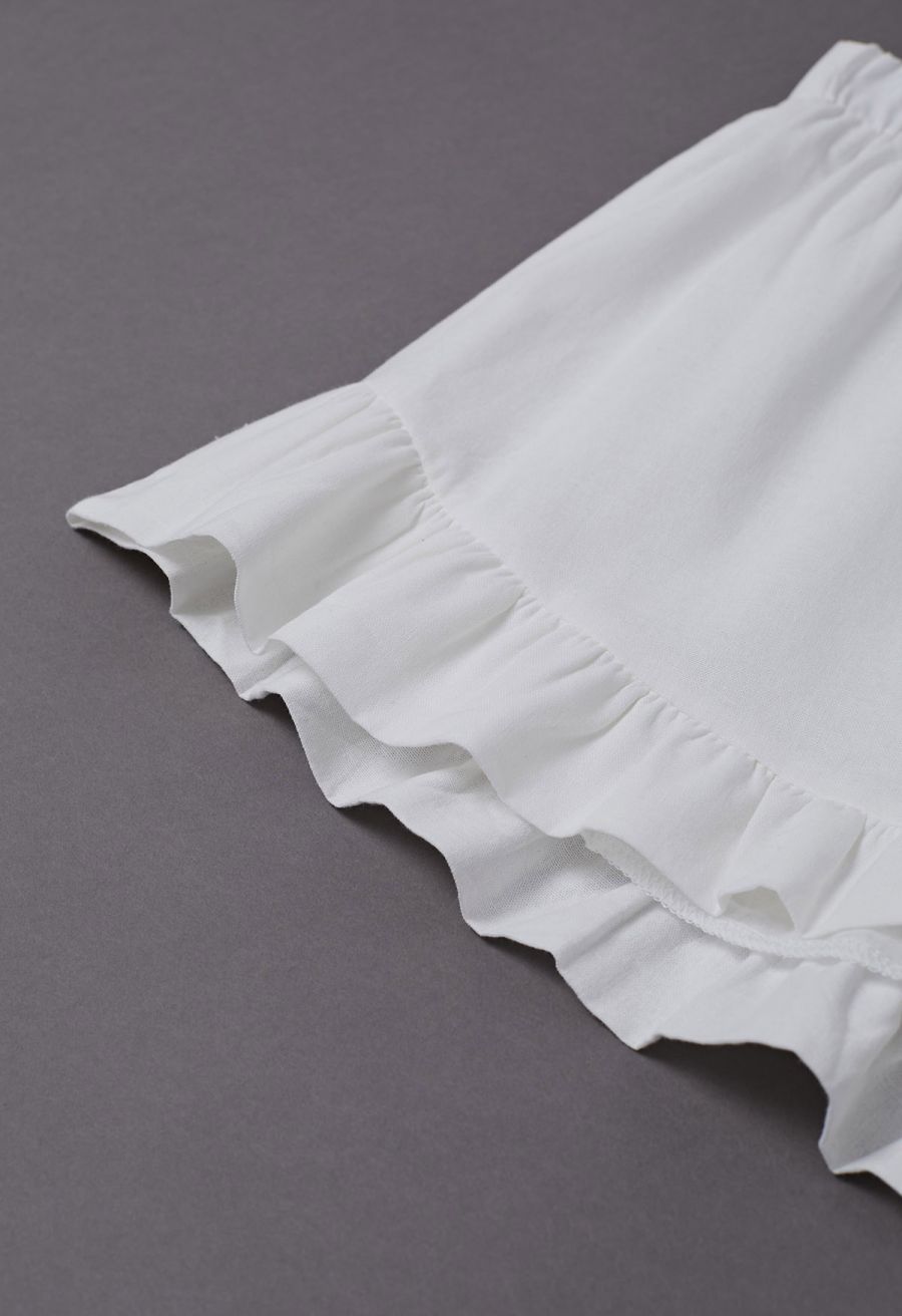 Lantern Sleeve Drawstring Shirt and Shorts Set in White