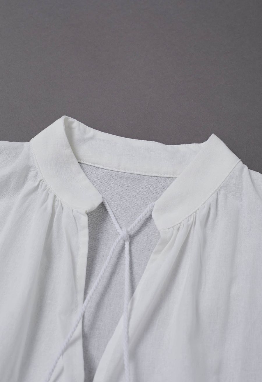 Lantern Sleeve Drawstring Shirt and Shorts Set in White
