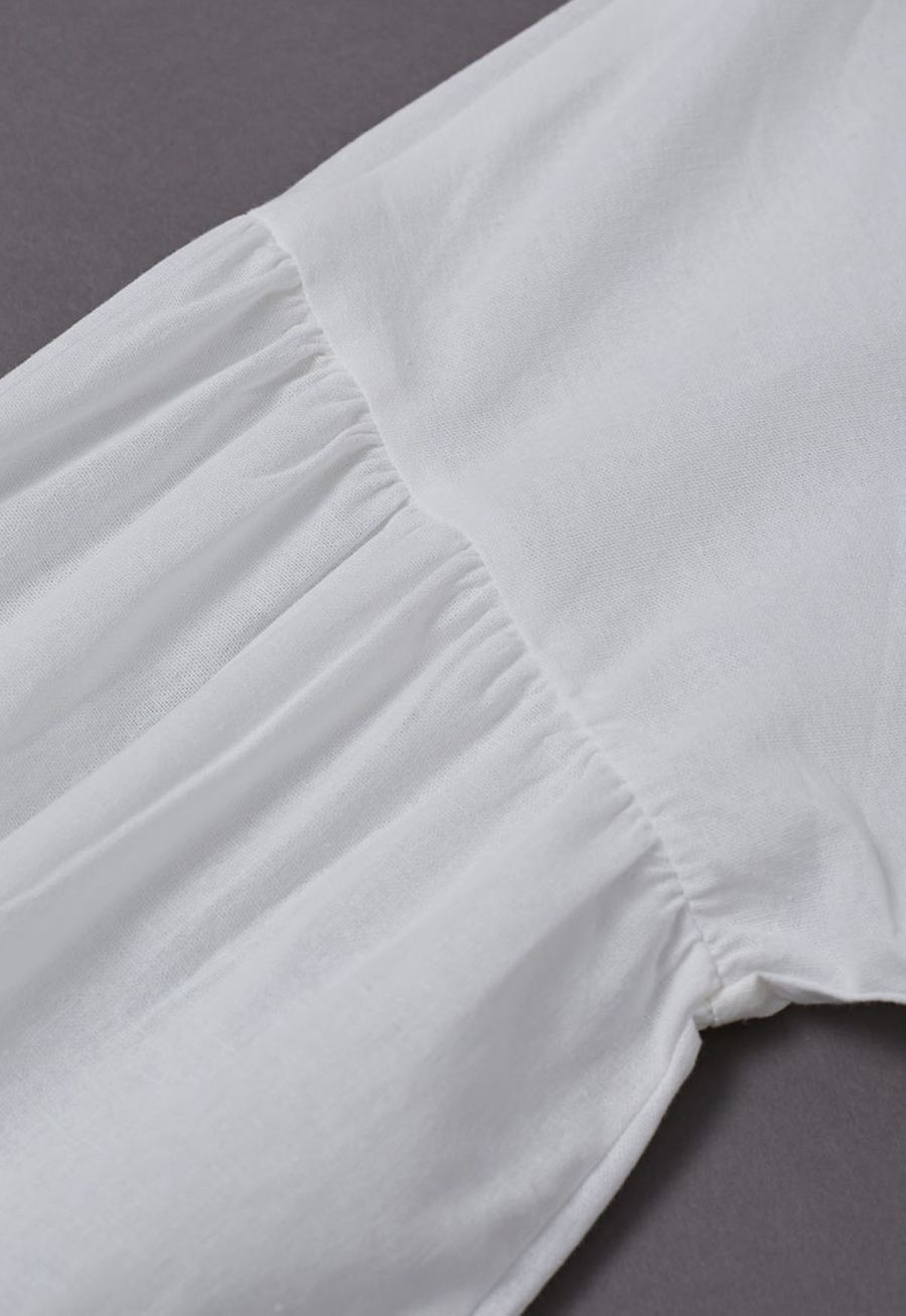 Lantern Sleeve Drawstring Shirt and Shorts Set in White