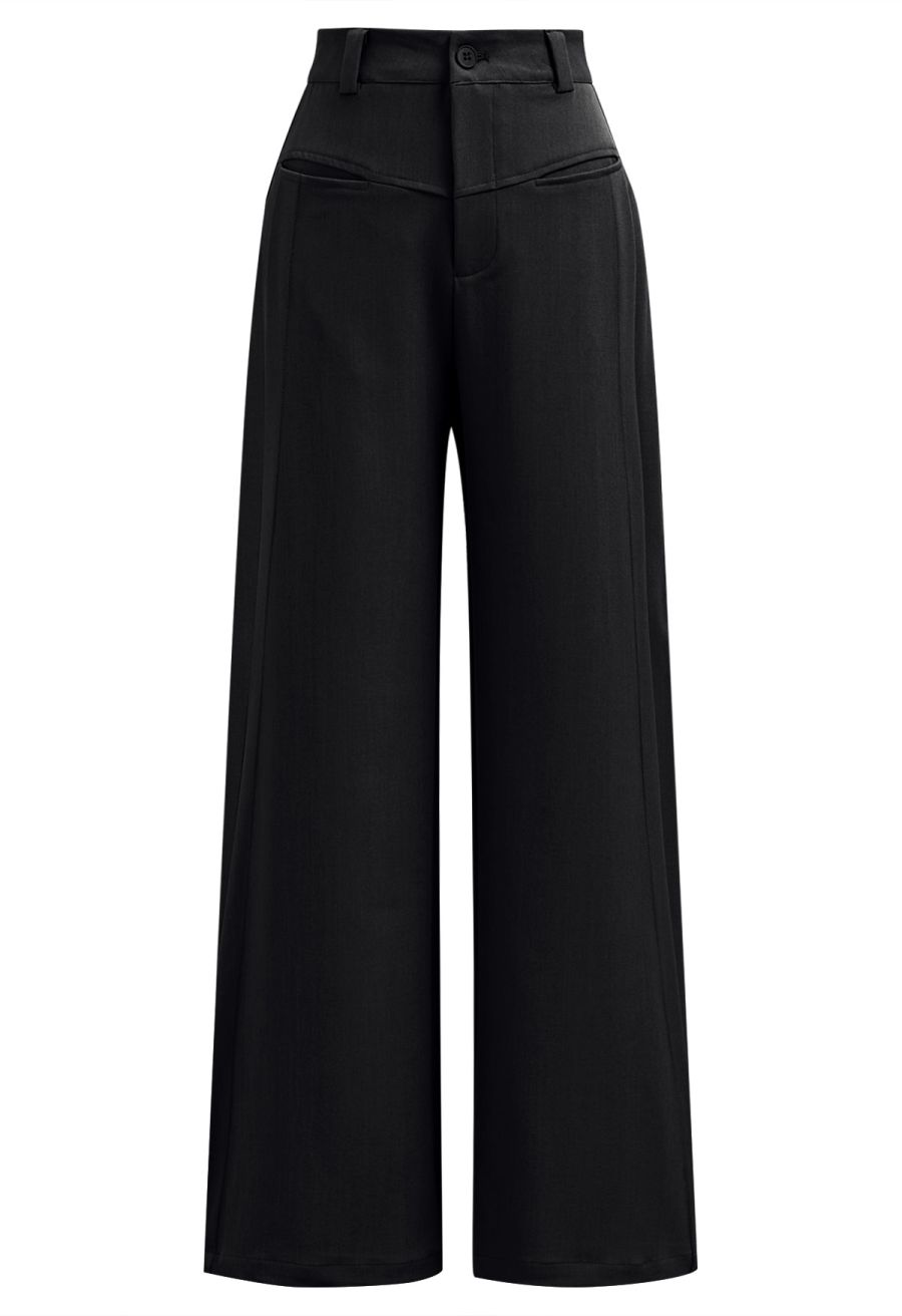 Front Welt Pockets Wide-Leg Pants in Black