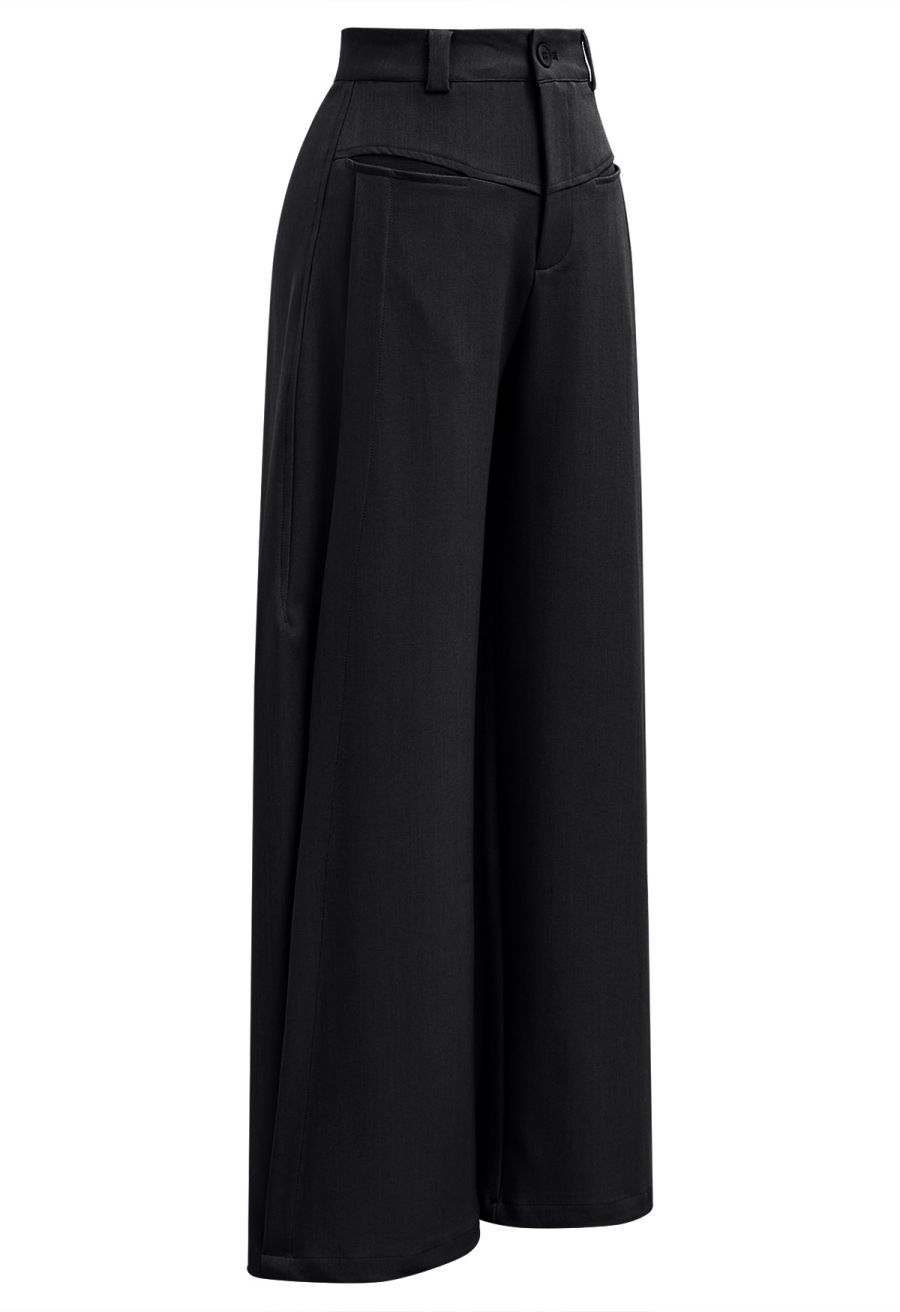 Front Welt Pockets Wide-Leg Pants in Black
