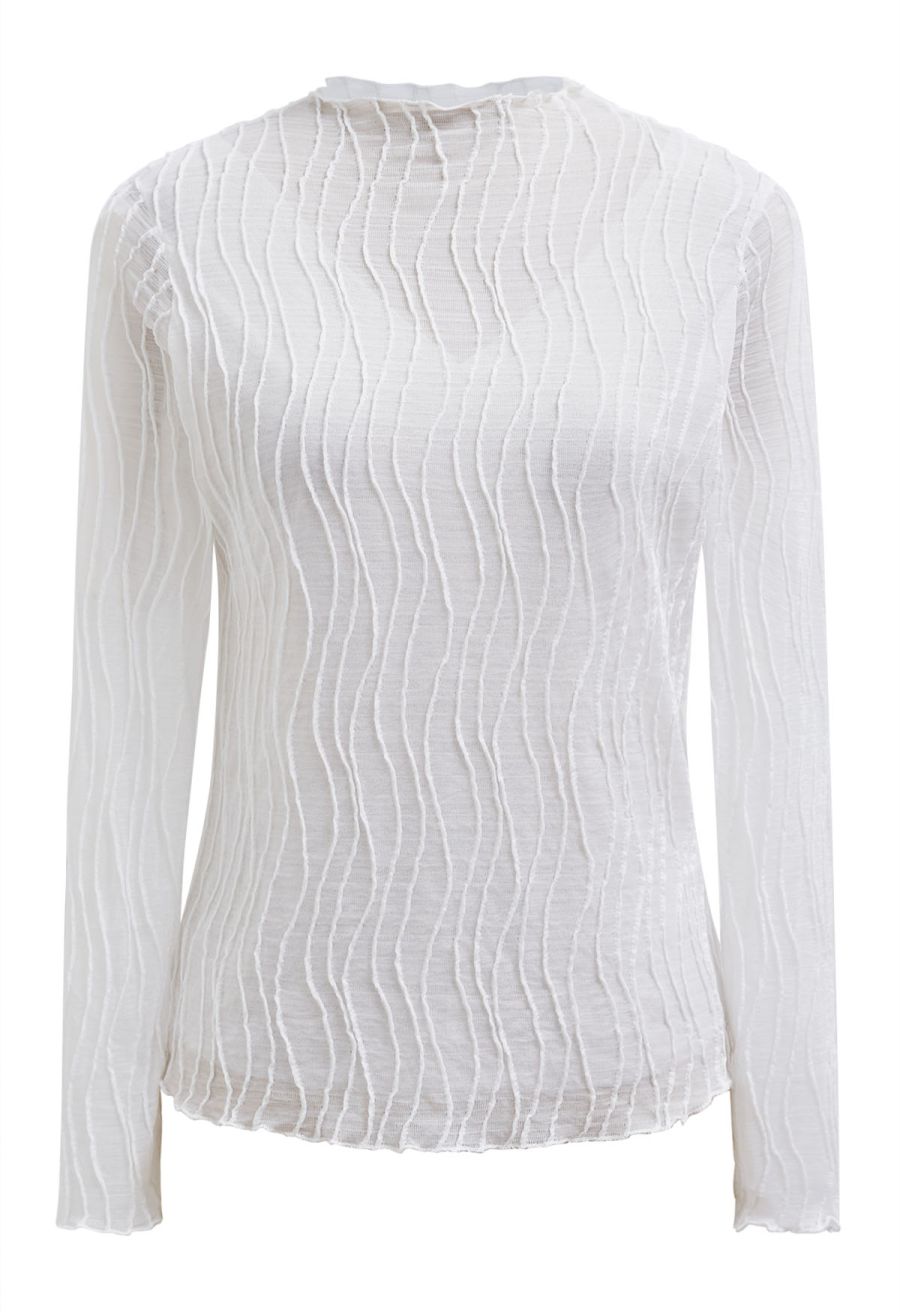 Wavy Mock Neck Sheer Mesh Top in White