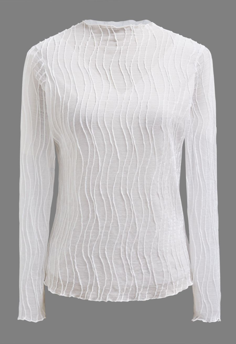 Wavy Mock Neck Sheer Mesh Top in White