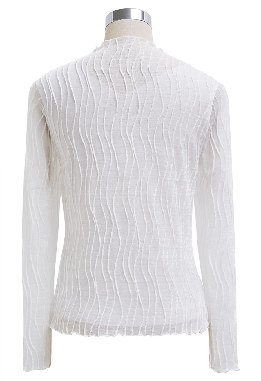 Wavy Mock Neck Sheer Mesh Top in White