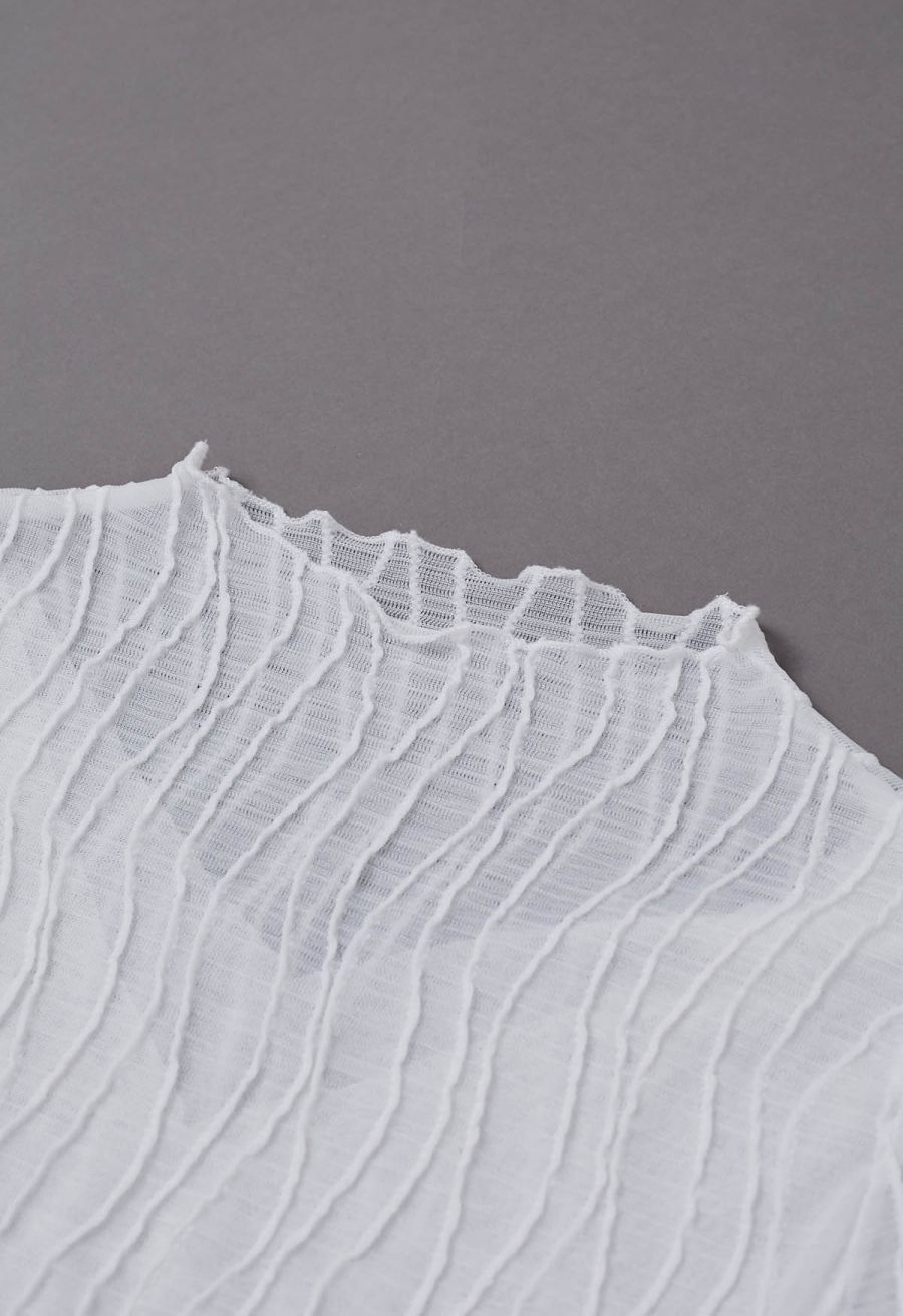 Wavy Mock Neck Sheer Mesh Top in White