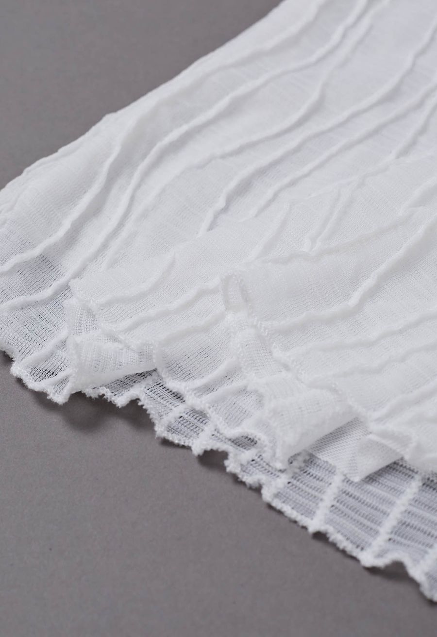 Wavy Mock Neck Sheer Mesh Top in White