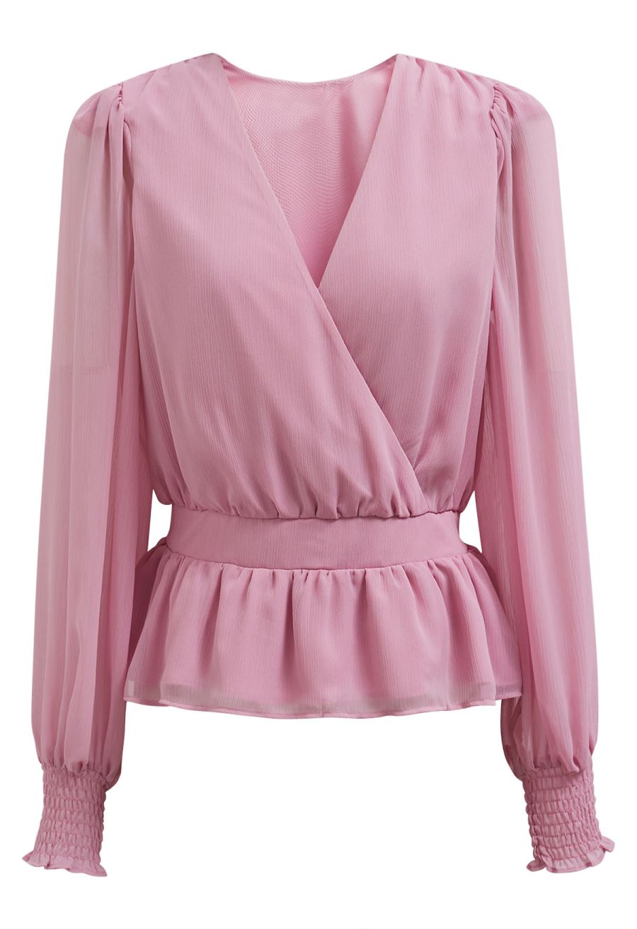 Faux-Wrap Puff Sleeve Peplum Top