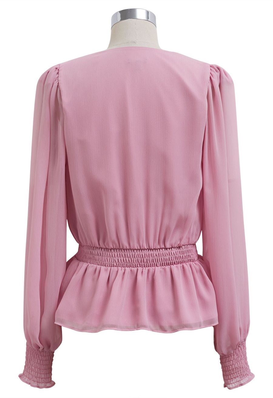 Faux-Wrap Puff Sleeve Peplum Top