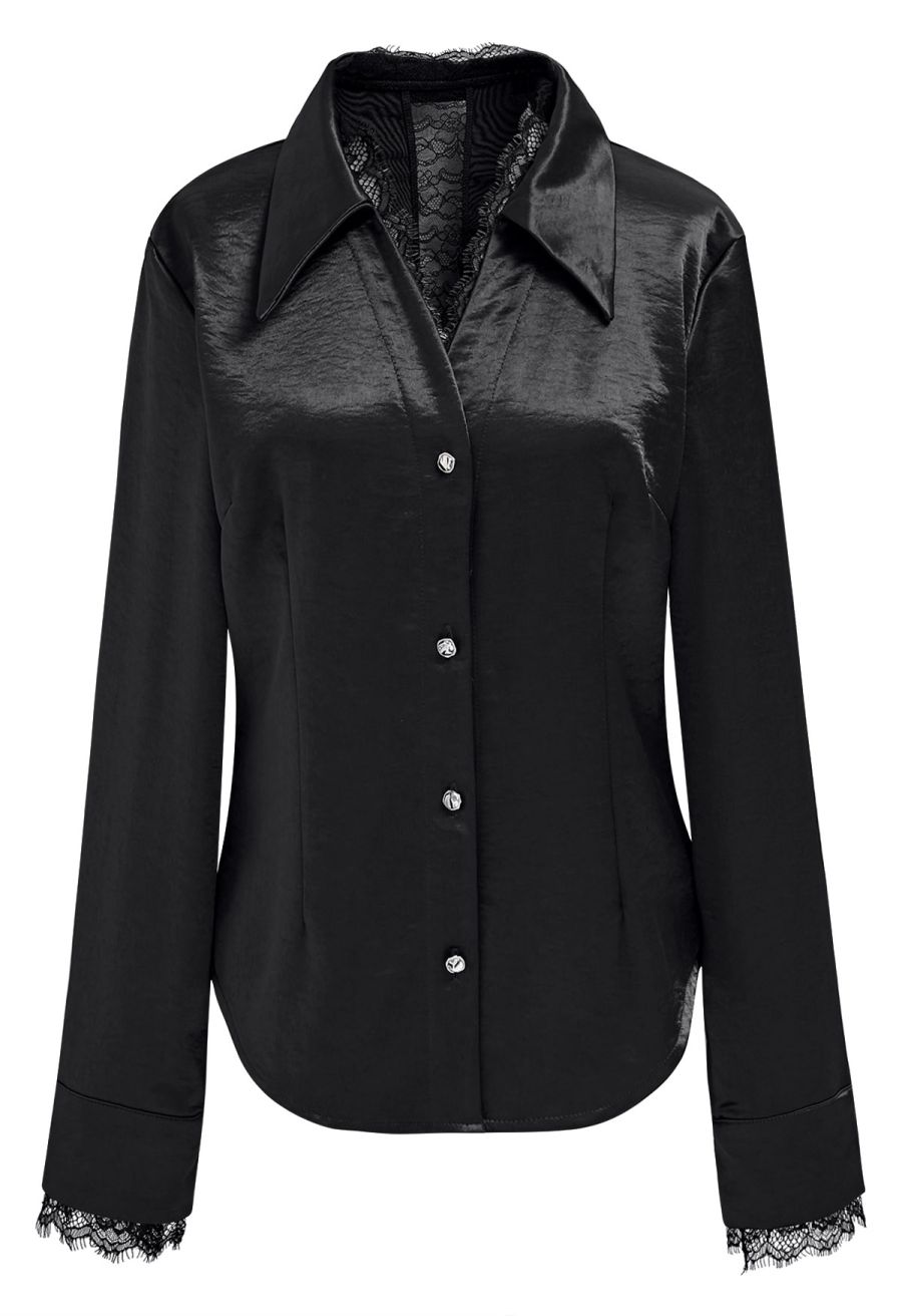 V-Neck Lace Panelled Button Down Satin Shirt in Black