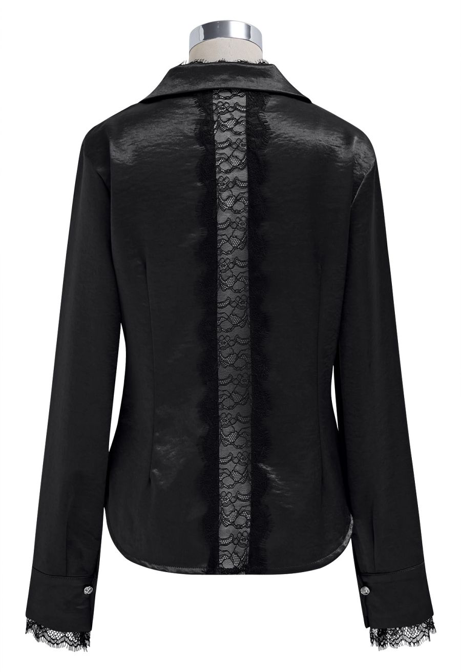 V-Neck Lace Panelled Button Down Satin Shirt in Black