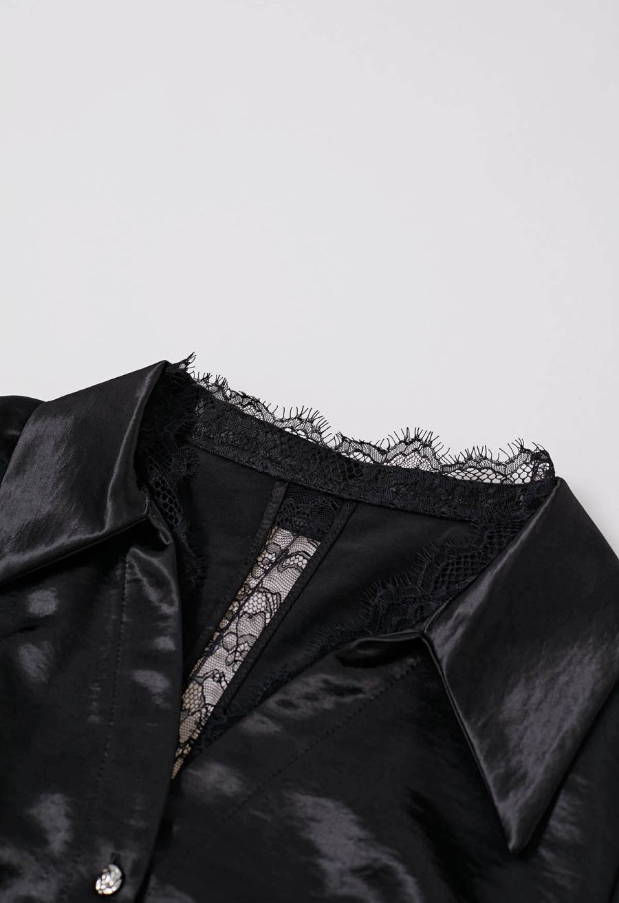 V-Neck Lace Panelled Button Down Satin Shirt in Black
