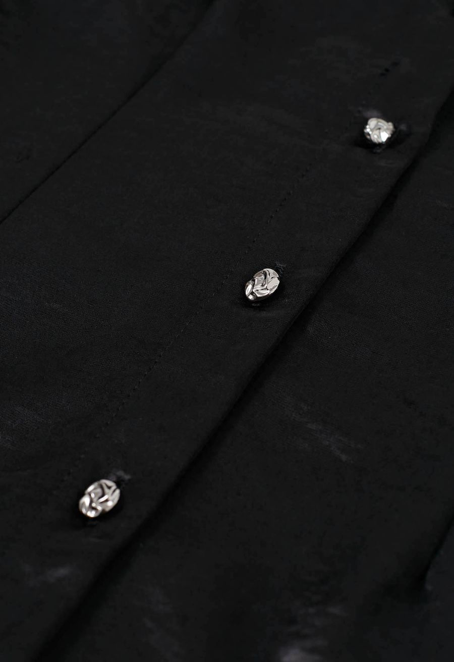 V-Neck Lace Panelled Button Down Satin Shirt in Black