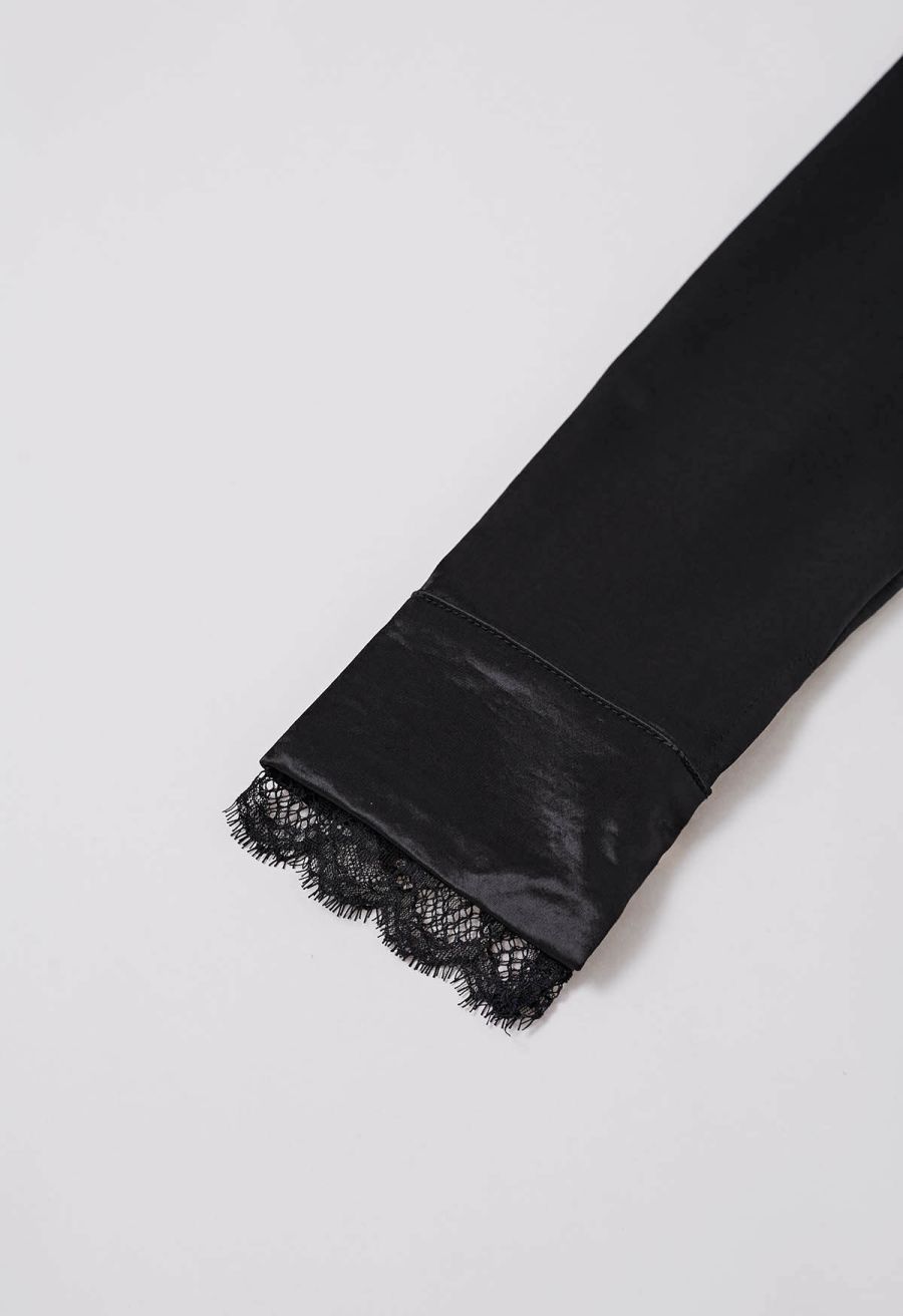 V-Neck Lace Panelled Button Down Satin Shirt in Black