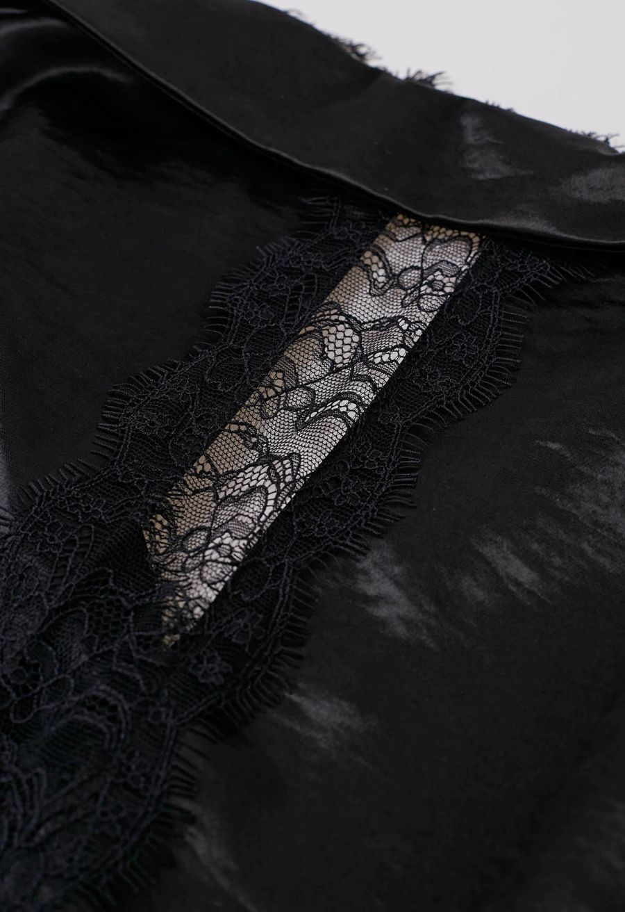 V-Neck Lace Panelled Button Down Satin Shirt in Black