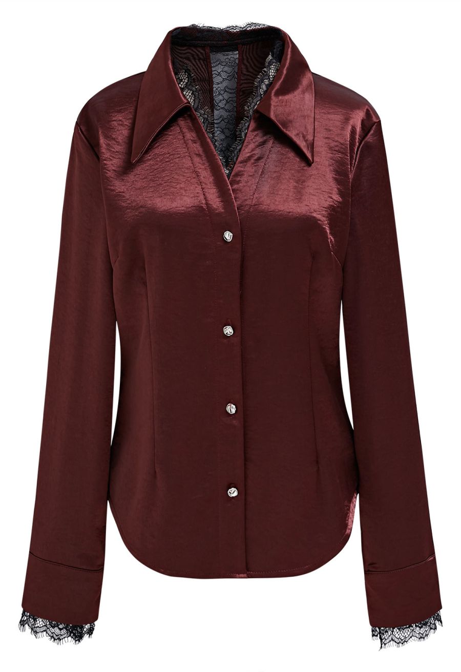 V-Neck Lace Panelled Button Down Satin Shirt in Burgundy