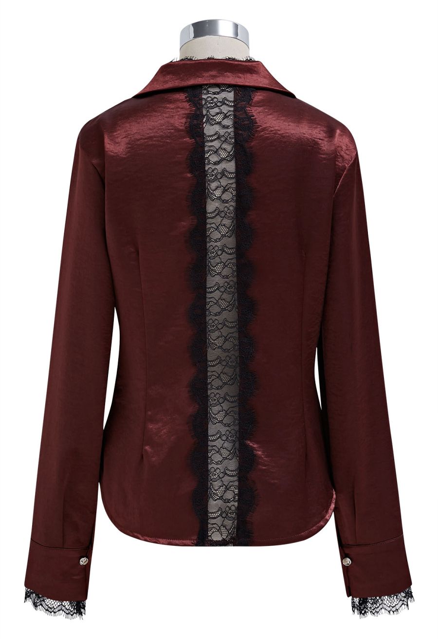 V-Neck Lace Panelled Button Down Satin Shirt in Burgundy