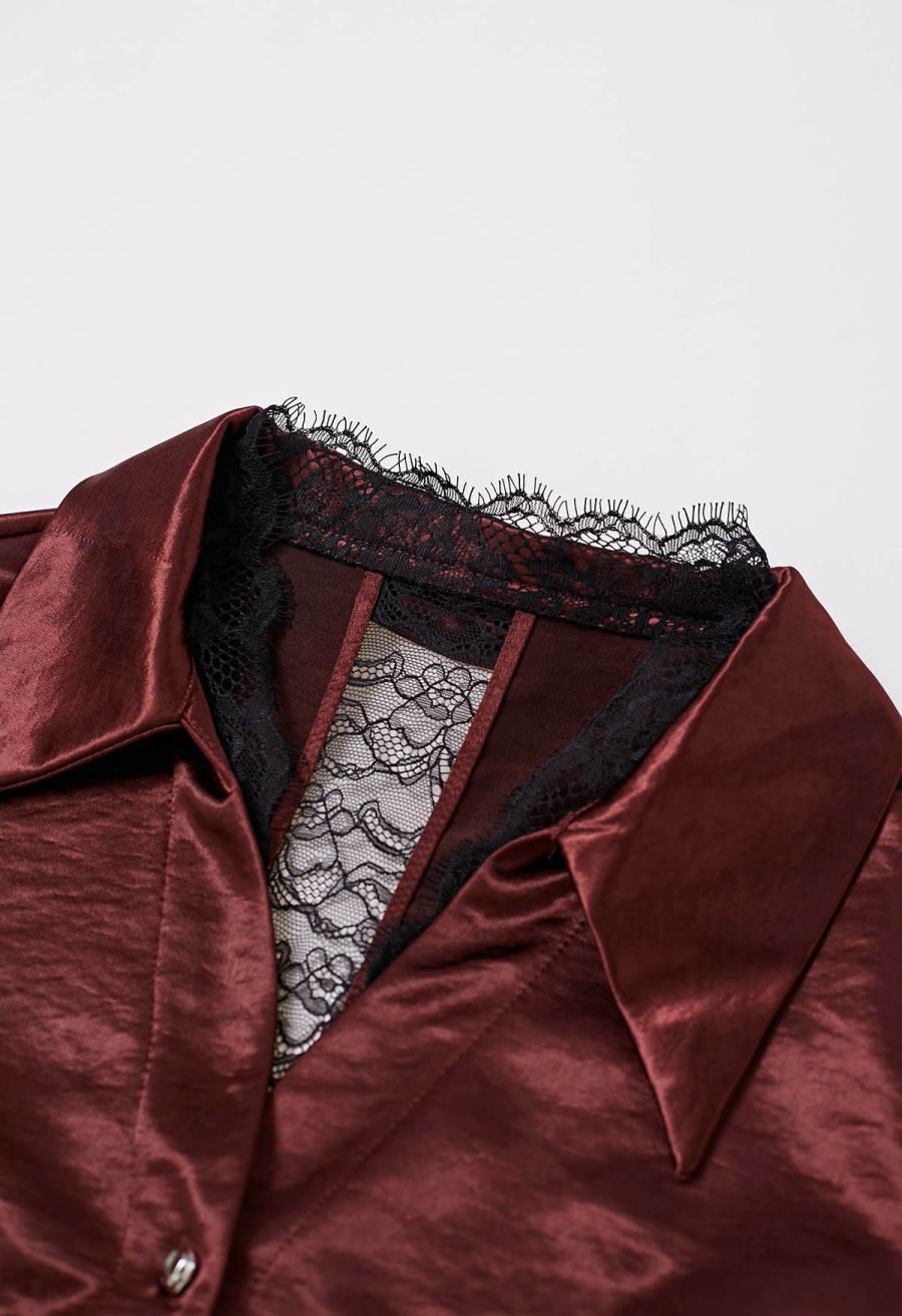 V-Neck Lace Panelled Button Down Satin Shirt in Burgundy