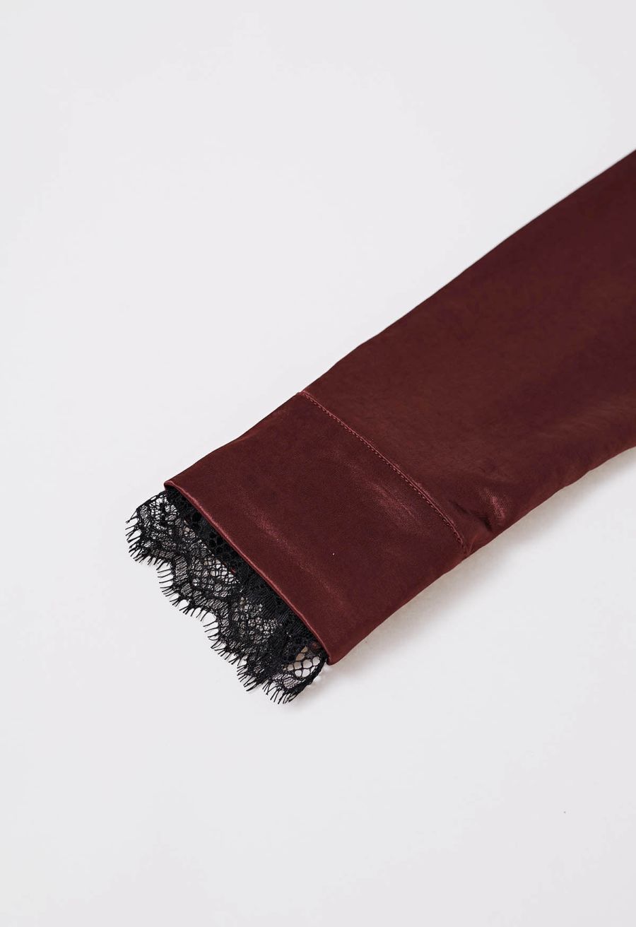 V-Neck Lace Panelled Button Down Satin Shirt in Burgundy