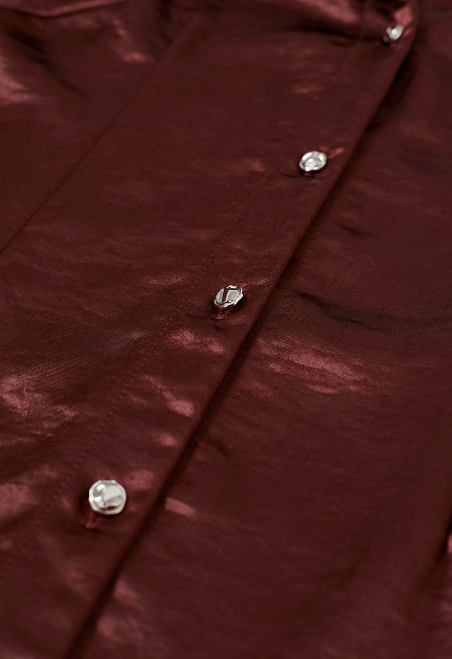 V-Neck Lace Panelled Button Down Satin Shirt in Burgundy