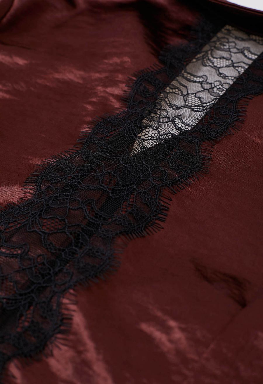 V-Neck Lace Panelled Button Down Satin Shirt in Burgundy