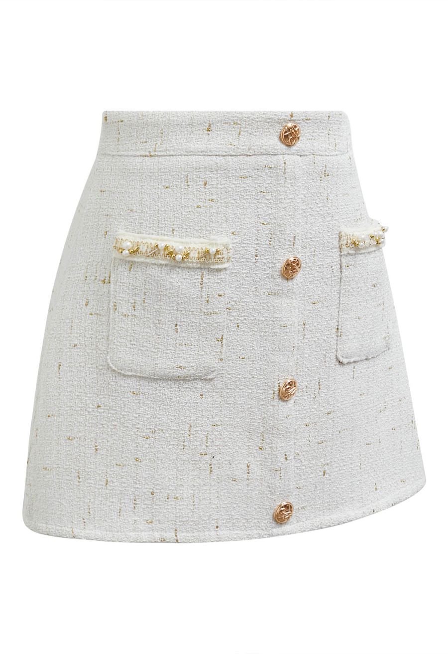 Button Decor Beaded Tweed Mini Bud Skirt in White